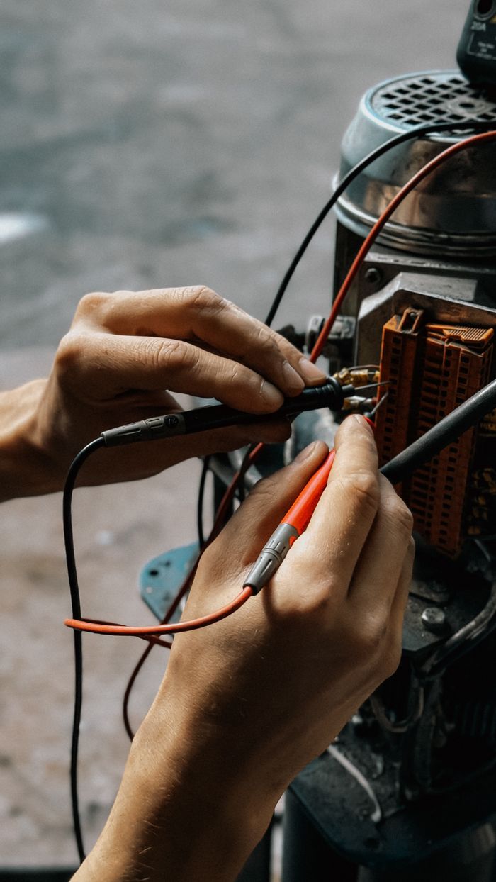 Services Close-up of hands using multimeter on motor wires. Precision in electrical testing.
